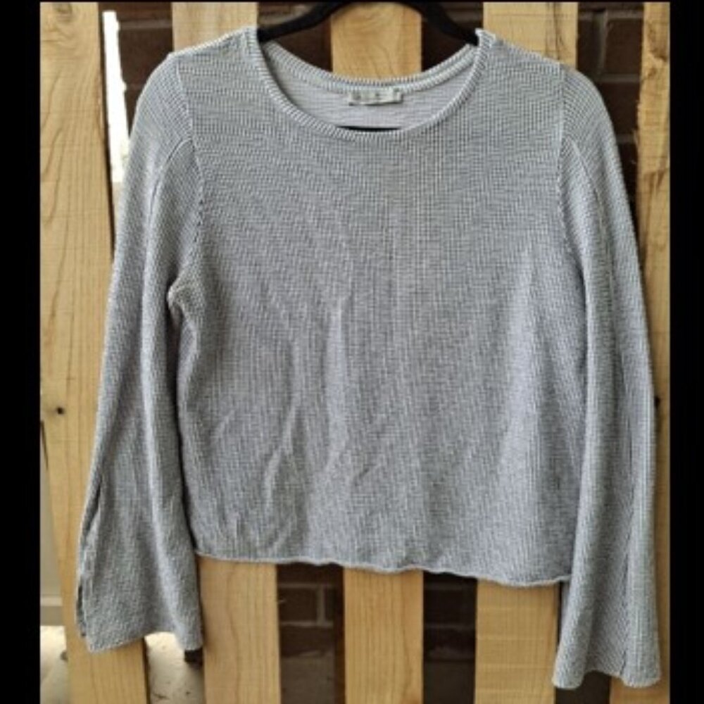 Zara Split Sleeve Puckered Knit Top - White/Black Check - Size M